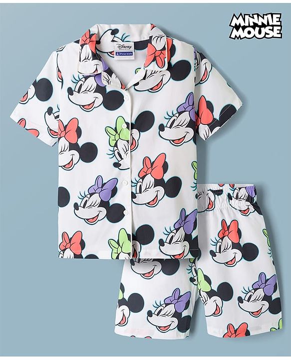 Pine Kids Disney 100% Cotton Woven Half Sleeves Front Open Co-Ords Shirt & Shorts Night Suit With Minnie Mouse Print - White
