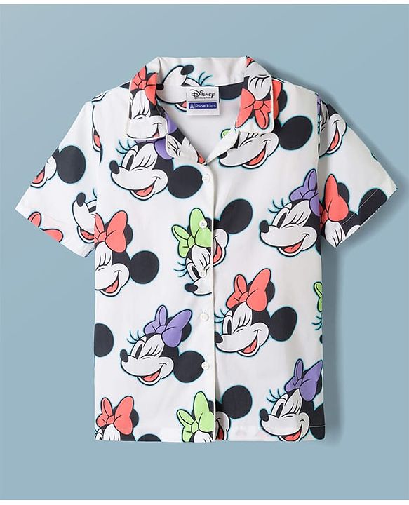 Pine Kids Disney 100% Cotton Woven Half Sleeves Front Open Co-Ords Shirt & Shorts Night Suit With Minnie Mouse Print - White