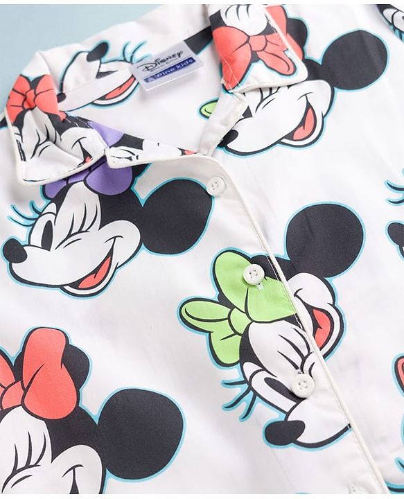 Pine Kids Disney 100% Cotton Woven Half Sleeves Front Open Co-Ords Shirt & Shorts Night Suit With Minnie Mouse Print - White