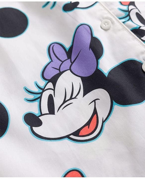 Pine Kids Disney 100% Cotton Woven Half Sleeves Front Open Co-Ords Shirt & Shorts Night Suit With Minnie Mouse Print - White