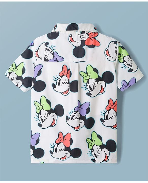 Pine Kids Disney 100% Cotton Woven Half Sleeves Front Open Co-Ords Shirt & Shorts Night Suit With Minnie Mouse Print - White