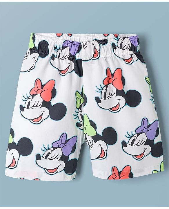 Pine Kids Disney 100% Cotton Woven Half Sleeves Front Open Co-Ords Shirt & Shorts Night Suit With Minnie Mouse Print - White