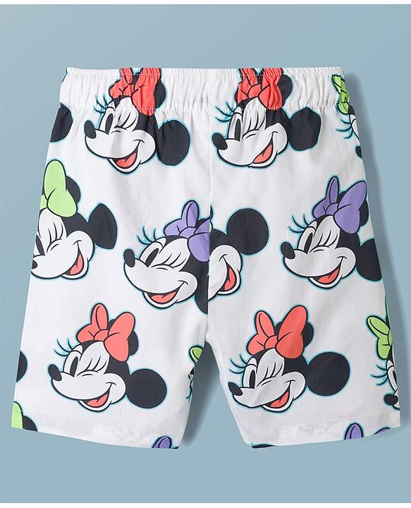 Pine Kids Disney 100% Cotton Woven Half Sleeves Front Open Co-Ords Shirt & Shorts Night Suit With Minnie Mouse Print - White