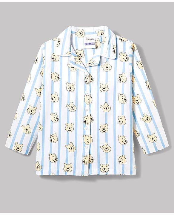 Pine Kids Disney 100% Cotton Woven Full Sleeves Front Open Co-Ords Shirt & Pyjama Night Suit With Winnie the Pooh Print - Light Blue