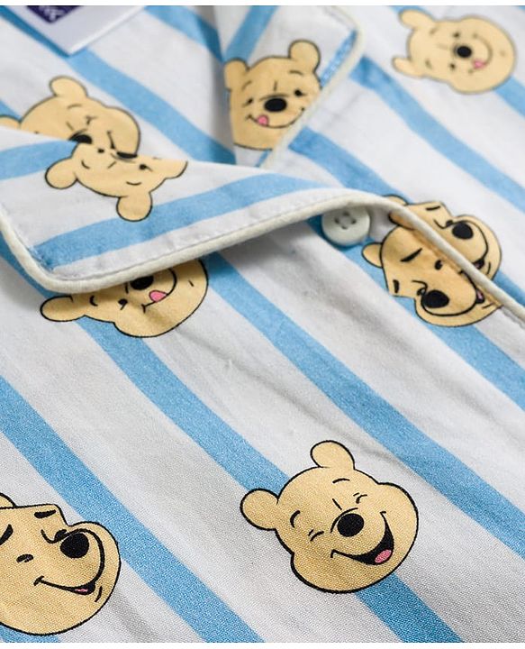 Pine Kids Disney 100% Cotton Woven Full Sleeves Front Open Co-Ords Shirt & Pyjama Night Suit With Winnie the Pooh Print - Light Blue
