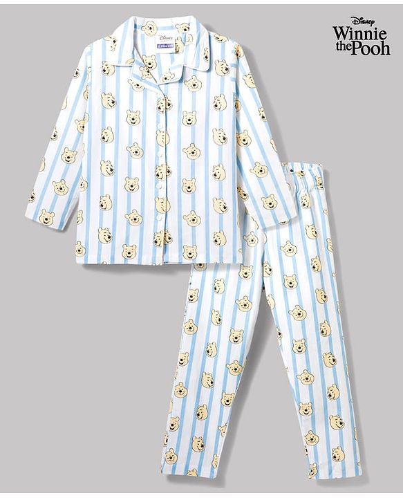 Pine Kids Disney 100% Cotton Woven Full Sleeves Front Open Co-Ords Shirt & Pyjama Night Suit With Winnie the Pooh Print - Light Blue