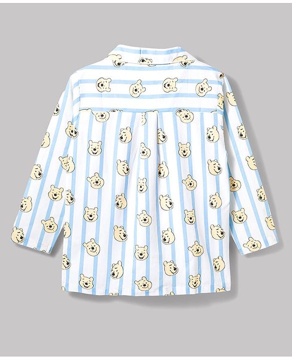 Pine Kids Disney 100% Cotton Woven Full Sleeves Front Open Co-Ords Shirt & Pyjama Night Suit With Winnie the Pooh Print - Light Blue
