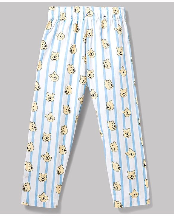 Pine Kids Disney 100% Cotton Woven Full Sleeves Front Open Co-Ords Shirt & Pyjama Night Suit With Winnie the Pooh Print - Light Blue