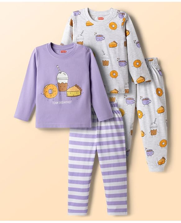 Babyhug Cotton Knit Full Sleeves T-Shirt & Pyjama Night-Suit With Breakfast Print Pack of 2 - Multicolor
