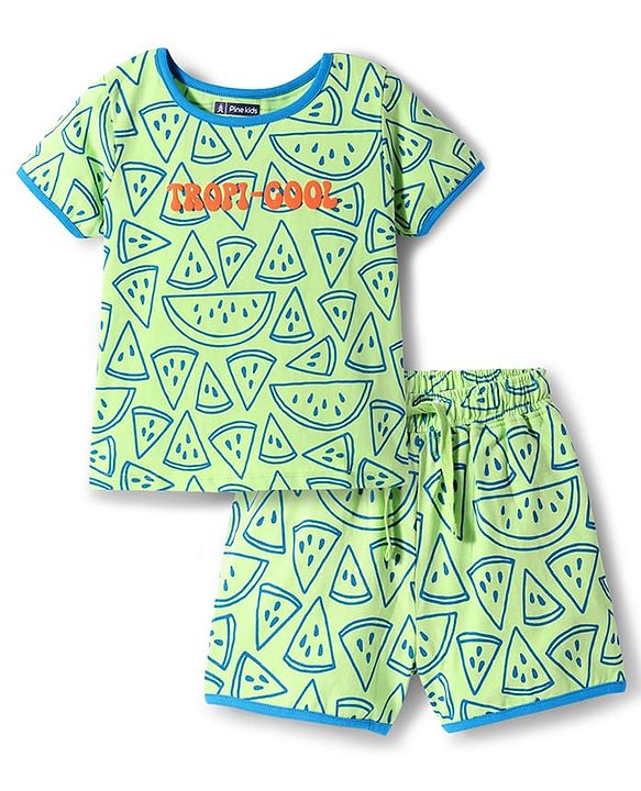Pine Kids Cotton Knit Half Sleeves Co-ords T-Shirt & Shorts Night Suit with Watermelon Print - Green