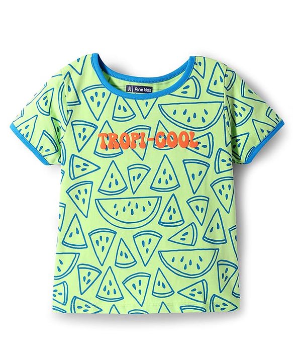 Pine Kids Cotton Knit Half Sleeves Co-ords T-Shirt & Shorts Night Suit with Watermelon Print - Green