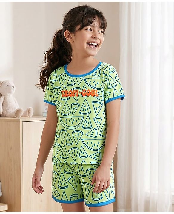 Pine Kids Cotton Knit Half Sleeves Co-ords T-Shirt & Shorts Night Suit with Watermelon Print - Green