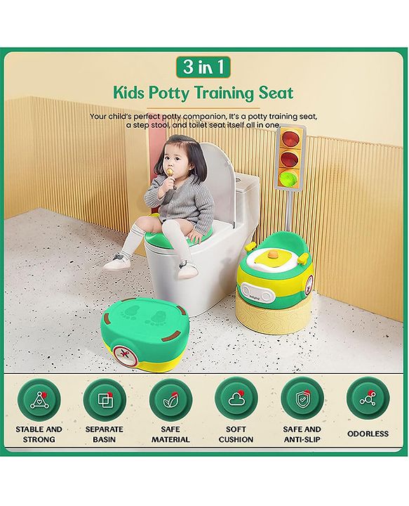 Babyhug 3-In-1 Baby Toilet Training Seat with Anti-Skip Pads and Step Stool - Green Yellow| Removable Potty Pot| Potty Training Seat| Potty Seat cum Chair for Kids 1-6 Years-Green Yellow