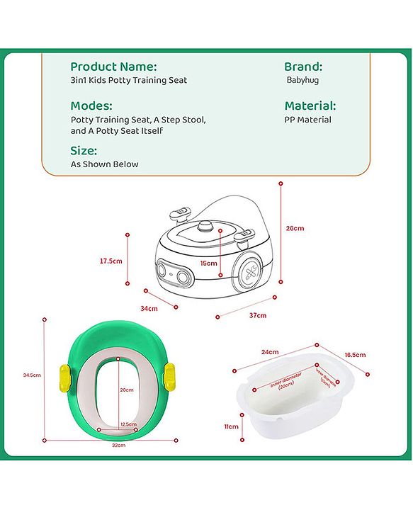 Babyhug 3-In-1 Baby Toilet Training Seat with Anti-Skip Pads and Step Stool - Green Yellow| Removable Potty Pot| Potty Training Seat| Potty Seat cum Chair for Kids 1-6 Years-Green Yellow
