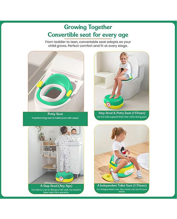 Babyhug 3-In-1 Baby Toilet Training Seat with Anti-Skip Pads and Step Stool - Green Yellow| Removable Potty Pot| Potty Training Seat| Potty Seat cum Chair for Kids 1-6 Years-Green Yellow
