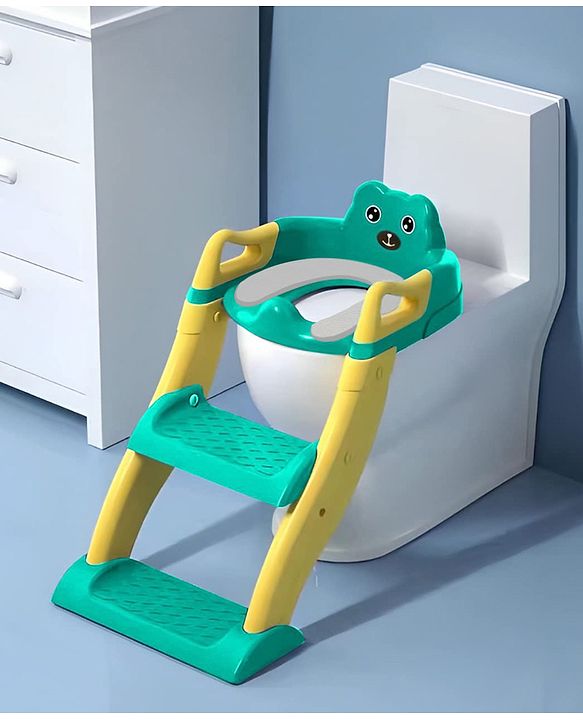 Babyhug Potty Training Toilet Seat with Adjustable Ladder & Step Stool - Green & Yellow| Anti-Slip Toddler Toilet Trainer| Compact Fold for Storage| Compatible with all Commode Types