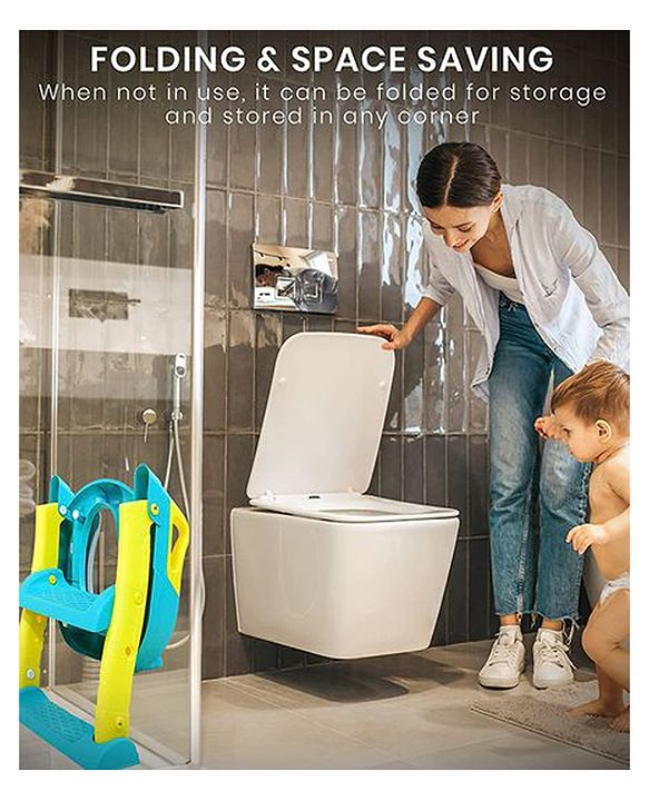 Babyhug Potty Training Toilet Seat with Adjustable Ladder & Step Stool - Green & Yellow| Anti-Slip Toddler Toilet Trainer| Compact Fold for Storage| Compatible with all Commode Types