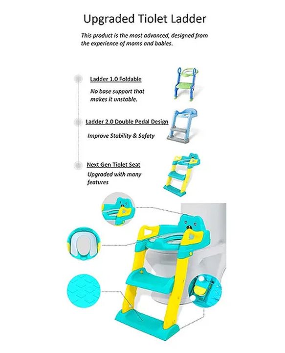 Babyhug Potty Training Toilet Seat with Adjustable Ladder & Step Stool - Green & Yellow| Anti-Slip Toddler Toilet Trainer| Compact Fold for Storage| Compatible with all Commode Types