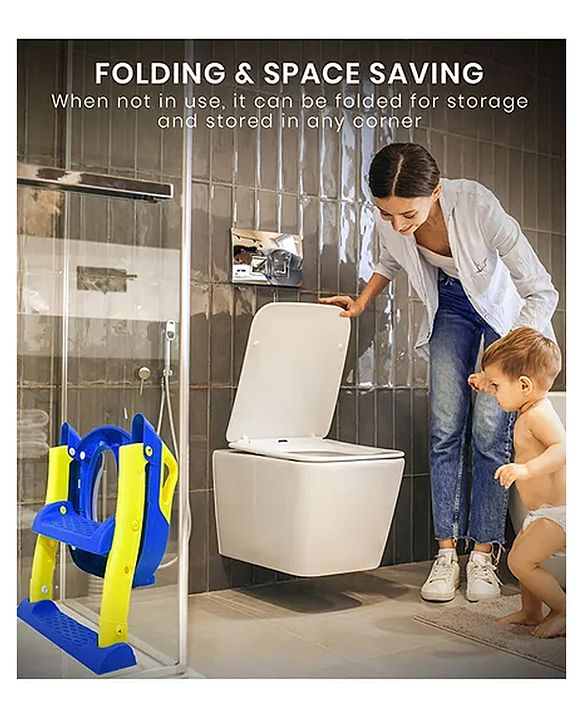 Babyhug Potty Training Toilet Seat with Adjustable Ladder & Step Stool - Green & Yellow| Anti-Slip Toddler Toilet Trainer| Compact Fold for Storage| Compatible with all Commode Types