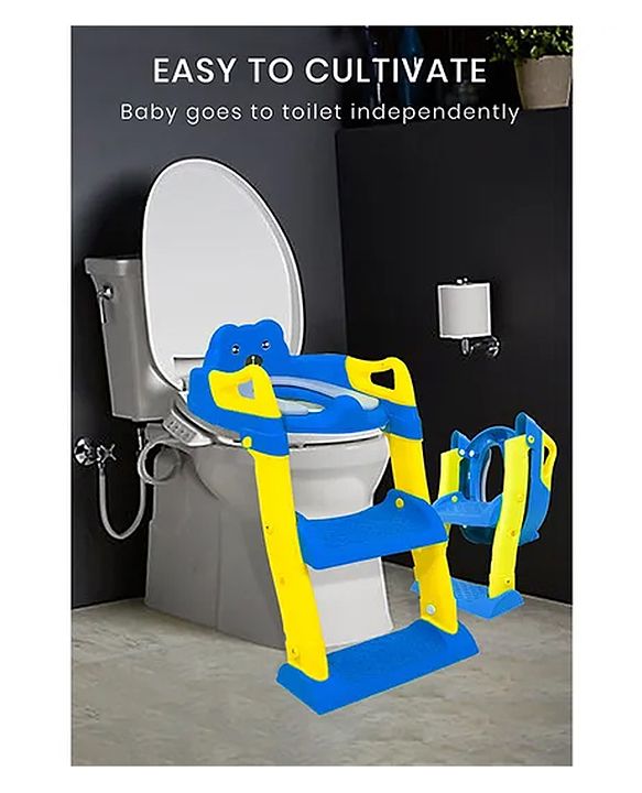 Babyhug Potty Training Toilet Seat with Adjustable Ladder & Step Stool - Green & Yellow| Anti-Slip Toddler Toilet Trainer| Compact Fold for Storage| Compatible with all Commode Types