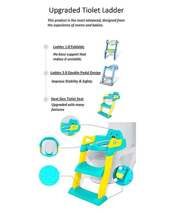 Babyhug Potty Training Toilet Seat with Adjustable Ladder & Step Stool - Green & Yellow| Anti-Slip Toddler Toilet Trainer| Compact Fold for Storage| Compatible with all Commode Types