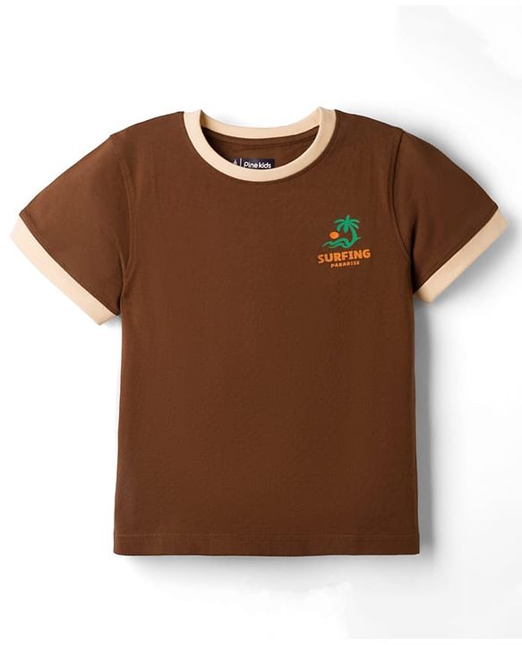 Pine Kids 100% Cotton Knit Half Sleeves Beach Theme Printed T-Shirt - Brown