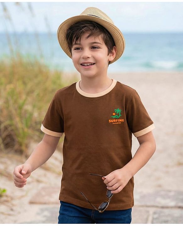 Pine Kids 100% Cotton Knit Half Sleeves Beach Theme Printed T-Shirt - Brown