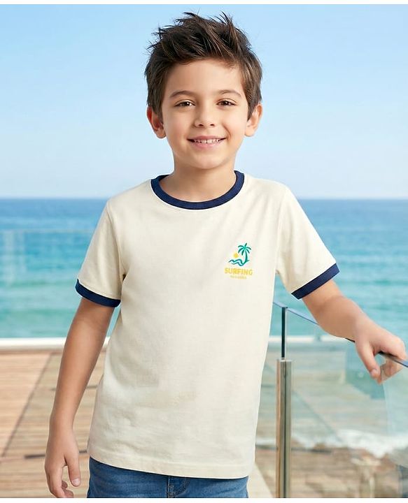 Pine Kids 100% Cotton Knit Half Sleeves Beach Theme Printed T-Shirt - White