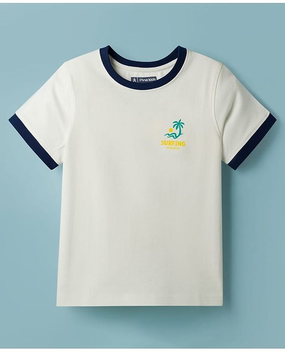 Pine Kids 100% Cotton Knit Half Sleeves Beach Theme Printed T-Shirt - White