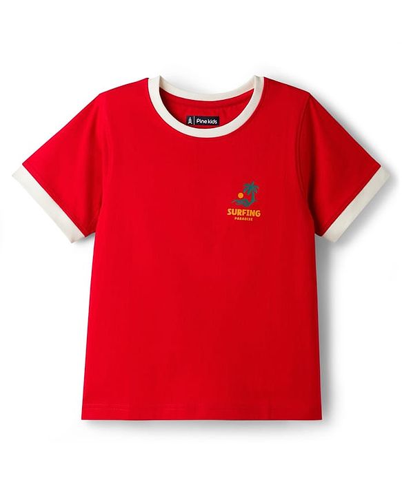 Pine Kids 100% Cotton Knit Half Sleeves Beach Theme Printed T-Shirt - Red