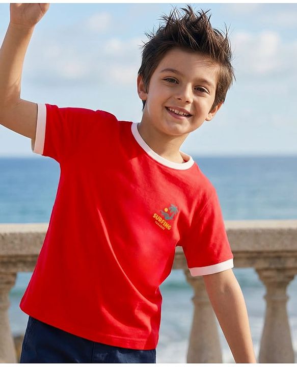 Pine Kids 100% Cotton Knit Half Sleeves Beach Theme Printed T-Shirt - Red