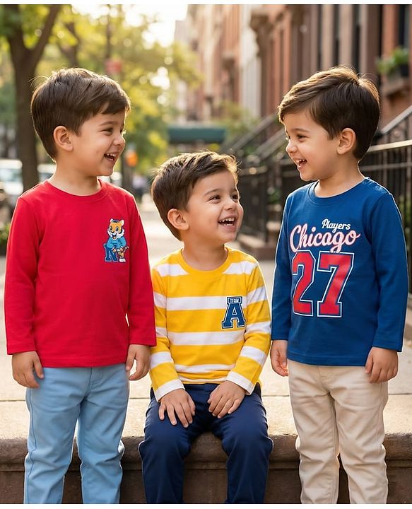 Babyhug Cotton Knit Full Sleeves T-Shirts with Stripes Tiger & Players Chicago 27 Graphics Pack of 3 - Yellow Red & Blue