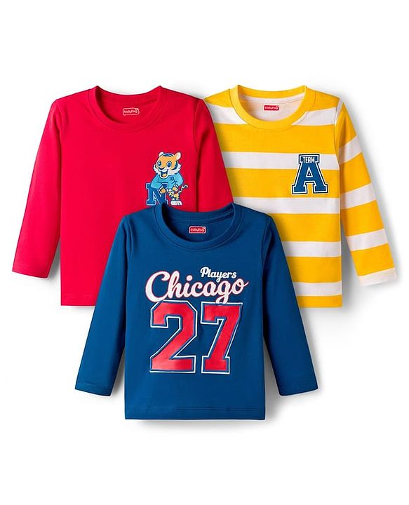 Babyhug Cotton Knit Full Sleeves T-Shirts with Stripes Tiger & Players Chicago 27 Graphics Pack of 3 - Yellow Red & Blue