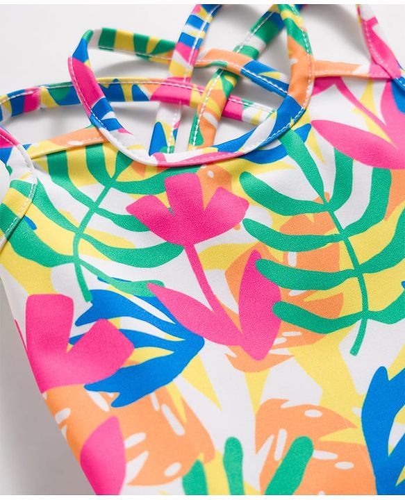 Babyhug Sleeveless Water Repellant  Frock Swimsuit with Tropical Theme Print - Pink Blue & White