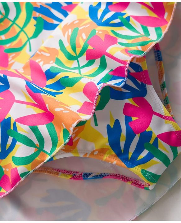 Babyhug Sleeveless Water Repellant  Frock Swimsuit with Tropical Theme Print - Pink Blue & White