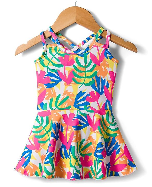 Babyhug Sleeveless Water Repellant  Frock Swimsuit with Tropical Theme Print - Pink Blue & White