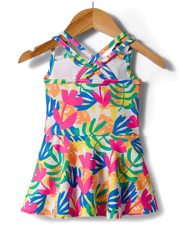 Babyhug Sleeveless Water Repellant  Frock Swimsuit with Tropical Theme Print - Pink Blue & White