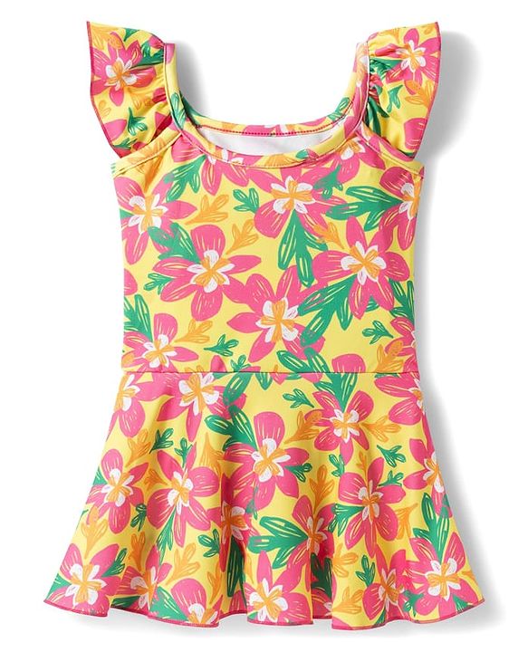 Babyhug Sleeveless Floral Printed Water Repellant Frock Swimsuit - Mutlicolour