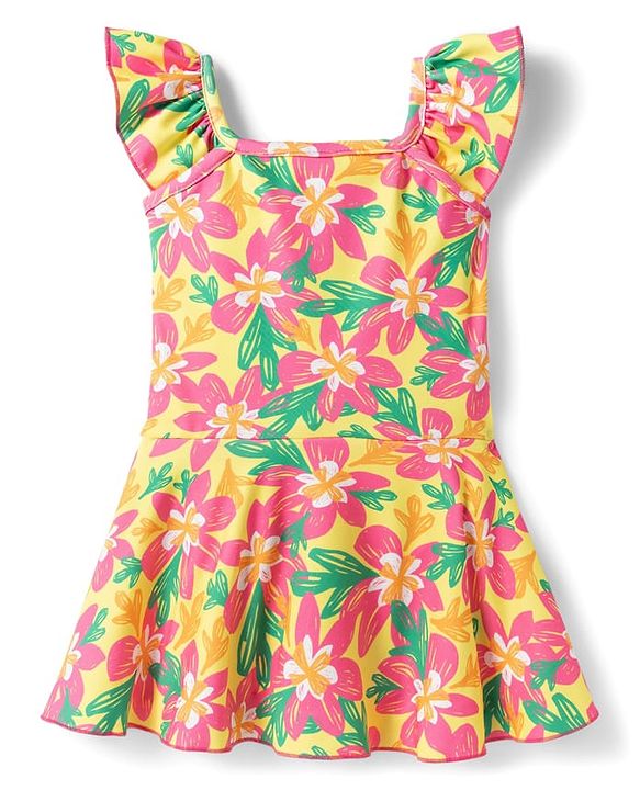 Babyhug Sleeveless Floral Printed Water Repellant Frock Swimsuit - Mutlicolour