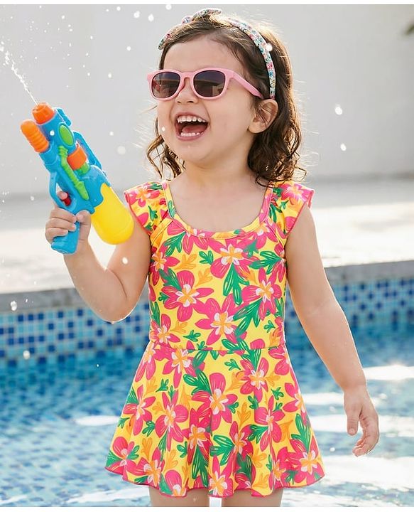 Babyhug Sleeveless Floral Printed Water Repellant Frock Swimsuit - Mutlicolour