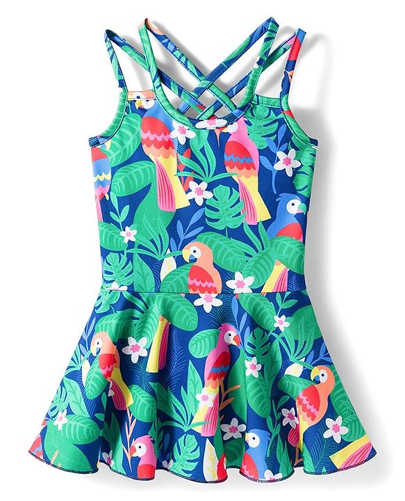 Babyhug Sleeveless Jungle Theme Printed Sleeveless Frock Swimsuit - Multicolour