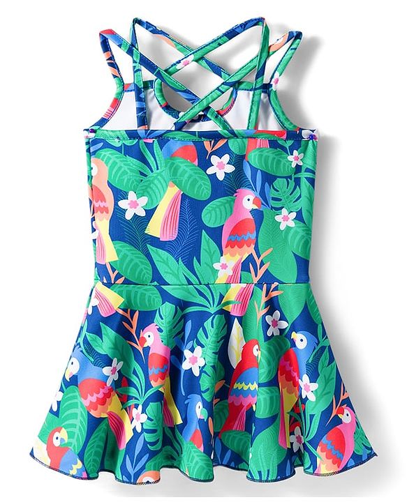 Babyhug Sleeveless Jungle Theme Printed Sleeveless Frock Swimsuit - Multicolour