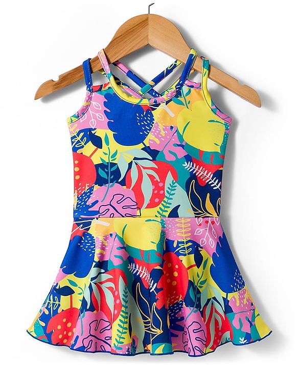 Babyhug Water Repellant Sleeveless Tropical Theme Printed Frock Swimsuit -Multicolour