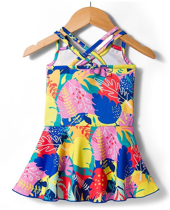 Babyhug Water Repellant Sleeveless Tropical Theme Printed Frock Swimsuit -Multicolour