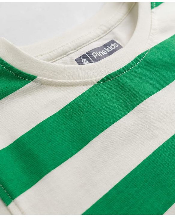 Pine Kids 100% Cotton Knit Half Sleeves Striped T-Shirt - Green & White