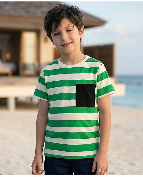 Pine Kids 100% Cotton Knit Half Sleeves Striped T-Shirt - Green & White