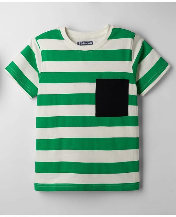 Pine Kids 100% Cotton Knit Half Sleeves Striped T-Shirt - Green & White
