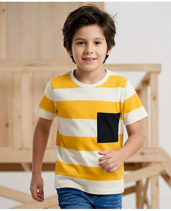 Pine Kids 100% Cotton Knit Half Sleeves Striped T-Shirt - Yellow & White