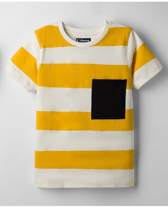 Pine Kids 100% Cotton Knit Half Sleeves Striped T-Shirt - Yellow & White