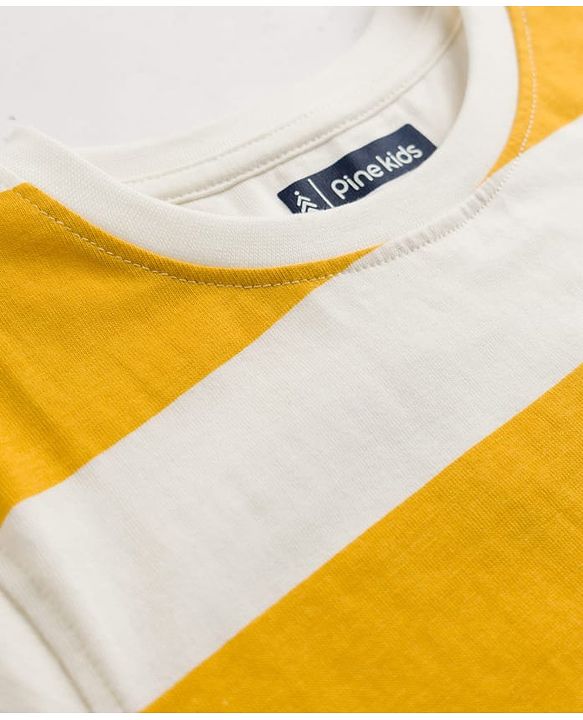 Pine Kids 100% Cotton Knit Half Sleeves Striped T-Shirt - Yellow & White